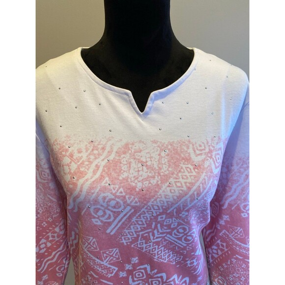 Southern Lady Blouse Sz Large Top White Pink Green Design + Stretch Casual Long - Picture 3 of 10